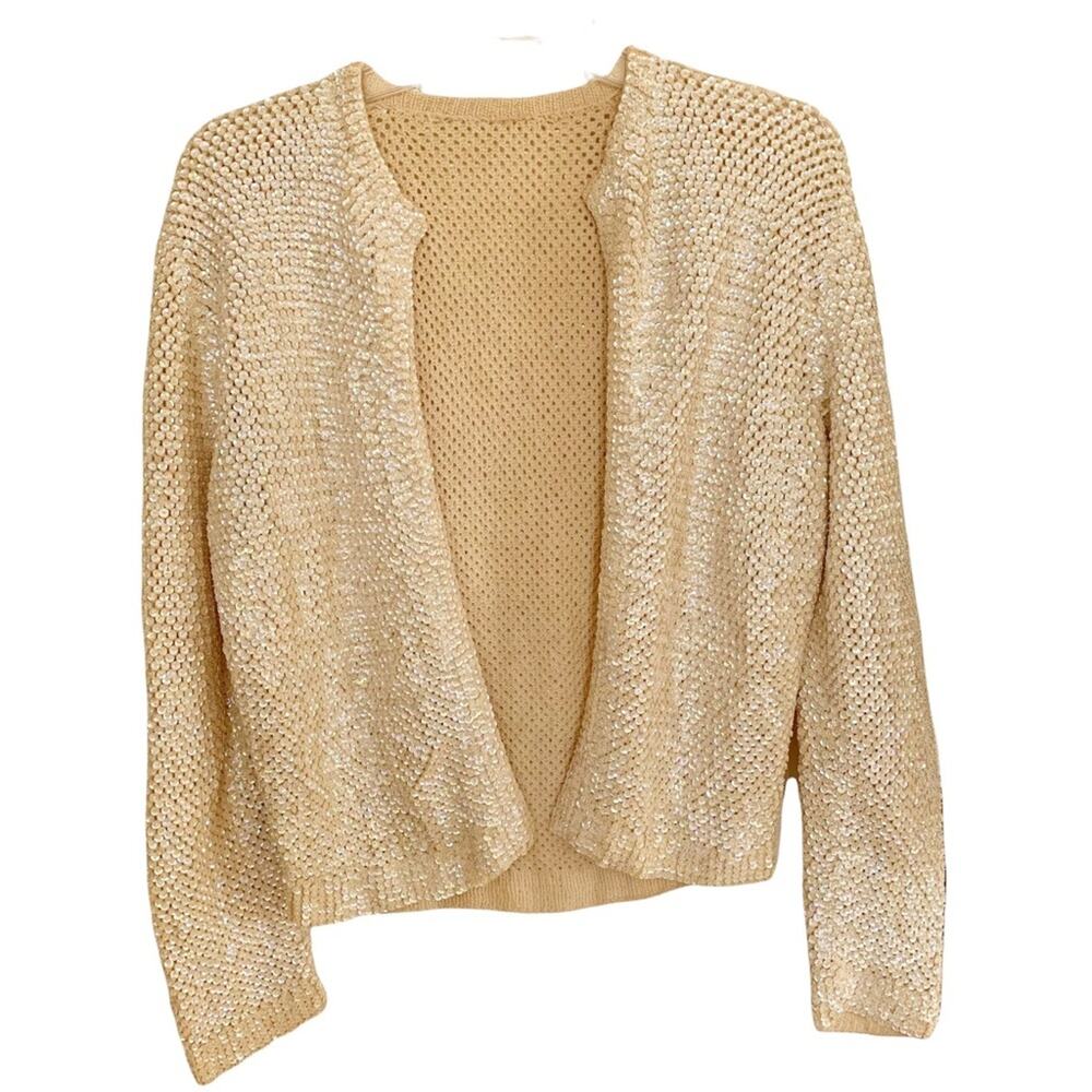 Vintage Rockabilly Cream Mermaid Celluloid Sequin Open Cardigan Medium
